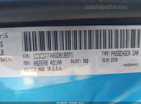 1C3CDFFA0GD818971 2016 DODGE DART Blue ძრავის განყოფილების ხედი