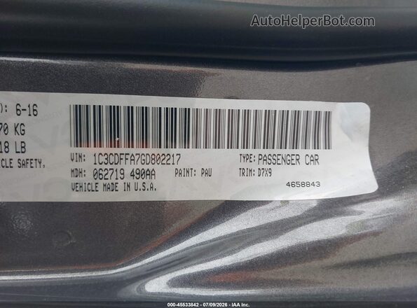 1C3CDFFA7GD802217 2016 DODGE DART Gray Շարժիչի բաժամունքի տեսք