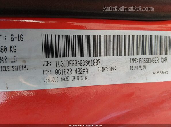 1C3CDFGB4GD801887 2016 DODGE DART Orange Engine compartment view