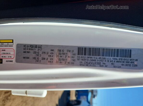 1C4BJWFG2JL813692 2018 JEEP WRANGLER White VIN კოდის სტიკერის ხედი