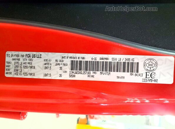 1C4HJWEGXGL257183 2016 JEEP WRANGLER Red სალონის 360-გრადუსიანი ხედი
