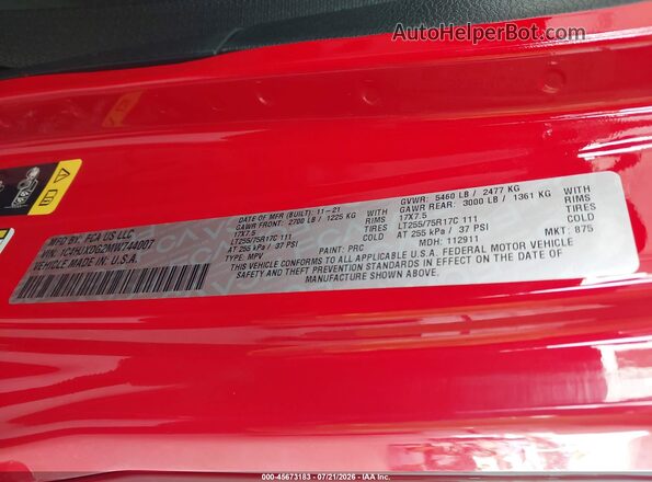 1C4HJXDG2MW744007 2021 JEEP WRANGLER UNLIMITED Red Engine compartment view