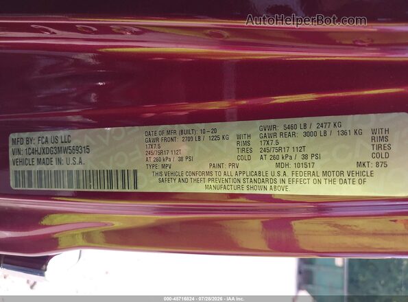 1C4HJXDG3MW569315 2021 JEEP WRANGLER UNLIMITED Burgundy Շարժիչի բաժամունքի տեսք