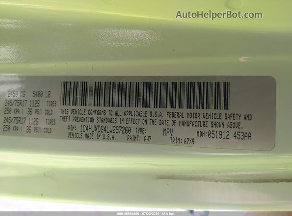 1C4HJXDG4LW297260 2020 JEEP WRANGLER UNLIMITED White Вид підкапотного простору