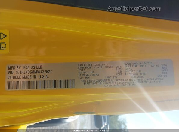 1C4HJXDG8MW737627 2021 JEEP WRANGLER UNLIMITED Yellow Շարժիչի բաժամունքի տեսք