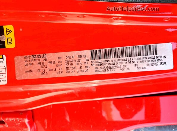 1C4HJXDG9LW201011 2020 JEEP WRANGLER Red Вид наклейки з VIN-кодом