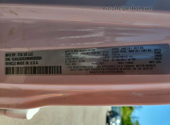 1C4HJXDGXMW593384 2021 JEEP WRANGLER White VIN კოდის სტიკერის ხედი