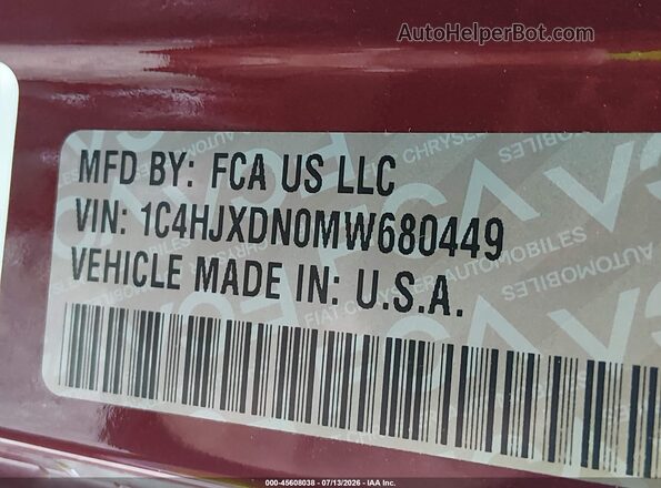 1C4HJXDN0MW680449 2021 JEEP WRANGLER UNLIMITED Burgundy Vista del compartimento del motor