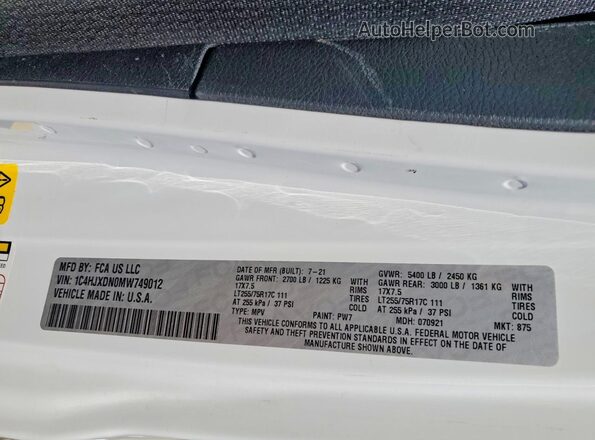 1C4HJXDN0MW749012 2021 JEEP WRANGLER White Вид наклейки з VIN-кодом