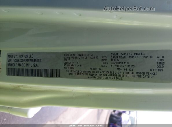 1C4HJXDN2MW649039 2021 JEEP WRANGLER UNLIMITED Белый Вид подкапотного пространства
