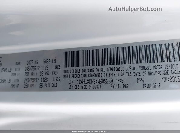 1C4HJXDN3KW609288 2019 JEEP WRANGLER UNLIMITED White ძრავის განყოფილების ხედი