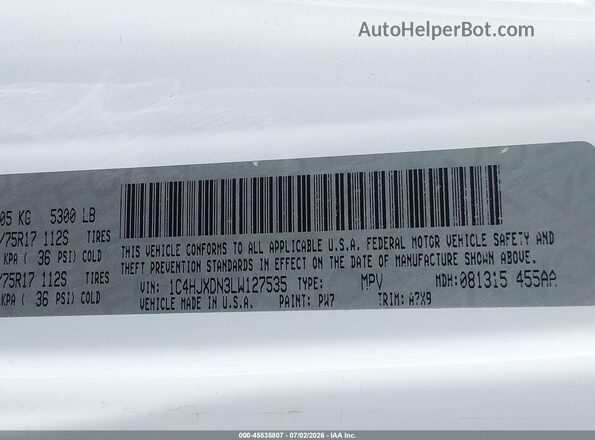 1C4HJXDN3LW127535 2020 JEEP WRANGLER UNLIMITED Белый Вид подкапотного пространства