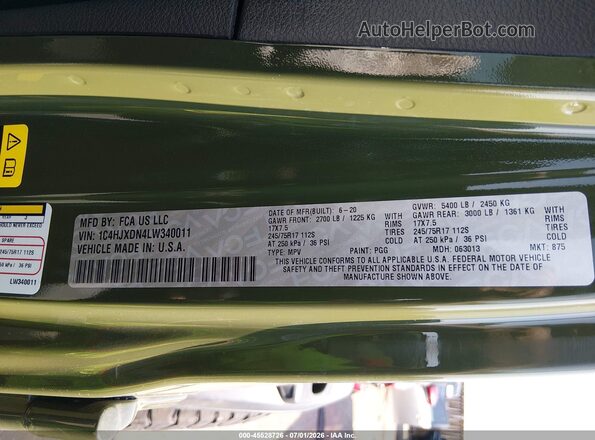 1C4HJXDN4LW340011 2020 JEEP WRANGLER UNLIMITED Green Widok komory silnika