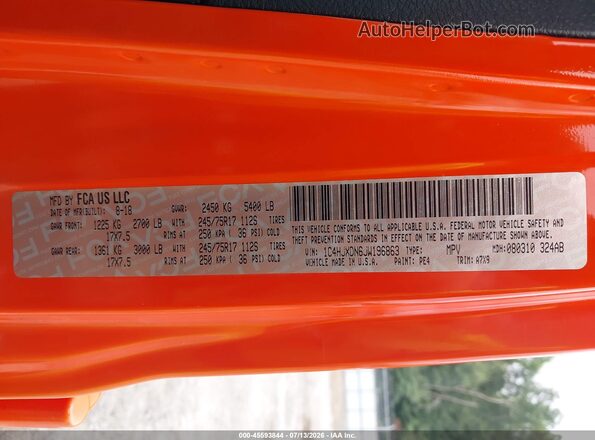 1C4HJXDN6JW196863 2018 JEEP WRANGLER UNLIMITED Orange ძრავის განყოფილების ხედი