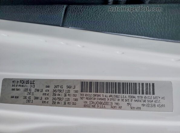 1C4HJXDN8KW593119 2019 JEEP WRANGLER White VIN sticker view