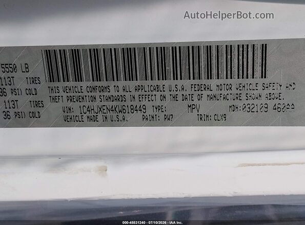 1C4HJXEN4KW618449 2019 JEEP WRANGLER UNLIMITED White Вид підкапотного простору