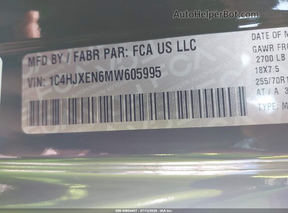 1C4HJXEN6MW605995 2021 JEEP WRANGLER Green Vista del compartimento del motor