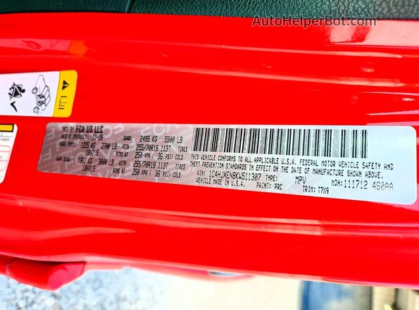 1C4HJXEN8KW511307 2019 JEEP WRANGLER Red VIN sticker view