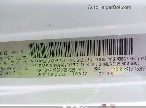 1C4HJXFG4LW217629 2020 JEEP WRANGLER UNLIMITED White Vista del compartimento del motor