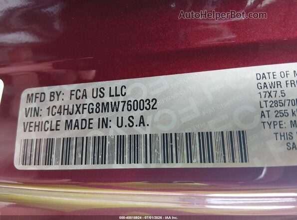 1C4HJXFG8MW760032 2021 JEEP WRANGLER UNLIMITED Red ძრავის განყოფილების ხედი