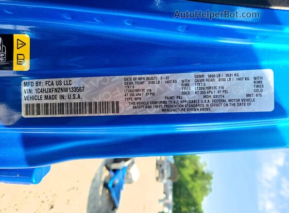 1C4HJXFN2NW133567 2022 JEEP WRANGLER Синий Панорамный вид салона 360°