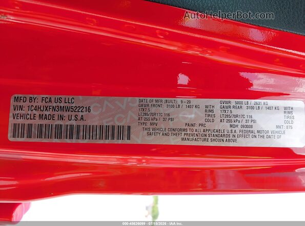 1C4HJXFN3MW522216 2021 JEEP WRANGLER UNLIMITED Red Вид підкапотного простору