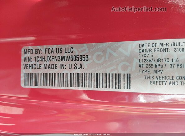1C4HJXFN3MW605953 2021 JEEP WRANGLER UNLIMITED Red Շարժիչի բաժամունքի տեսք