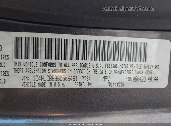 1C4NJCBB3GD506461 2016 JEEP COMPASS Серый Вид подкапотного пространства
