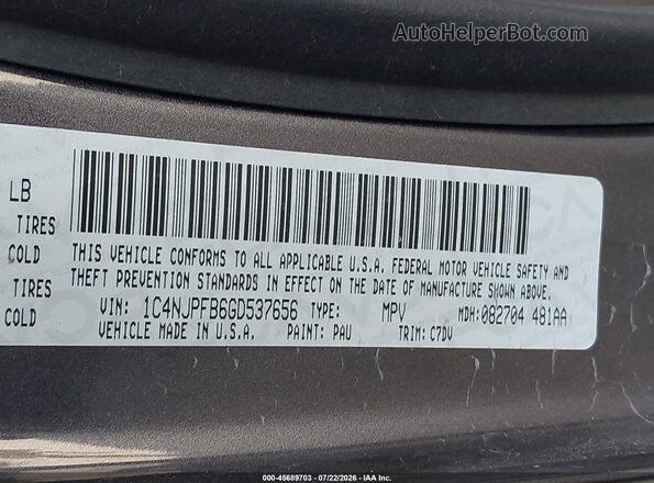 1C4NJPFB6GD537656 2016 JEEP PATRIOT Gray Vista del compartimento del motor