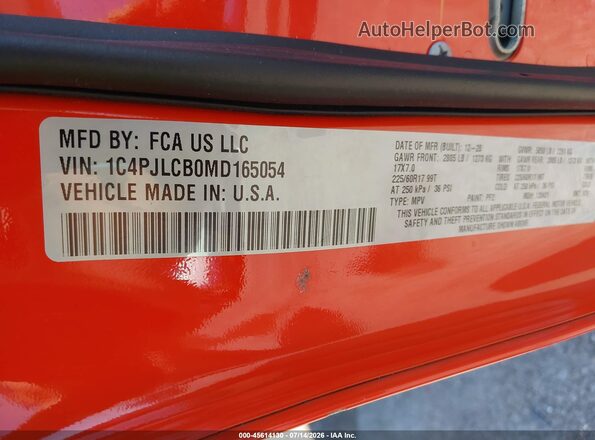 1C4PJLCB0MD165054 2021 JEEP CHEROKEE Оранжевый Вид подкапотного пространства
