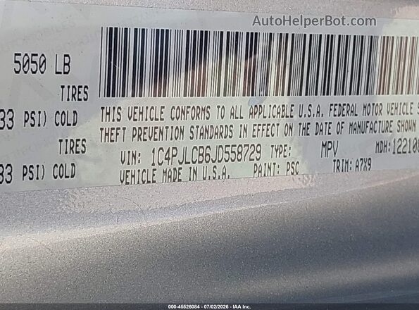 1C4PJLCB6JD558729 2018 JEEP CHEROKEE Серебряный Вид подкапотного пространства