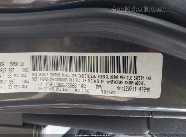 1C4PJLCBXGW222983 2016 JEEP CHEROKEE Gray ძრავის განყოფილების ხედი