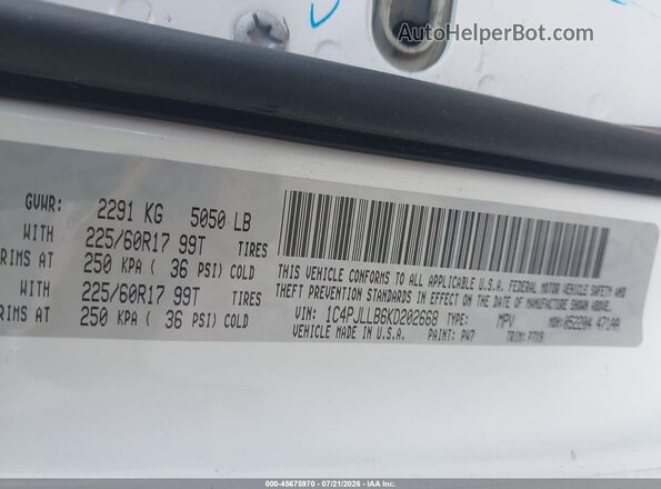 1C4PJLLB6KD202668 2019 JEEP CHEROKEE Белый Вид подкапотного пространства