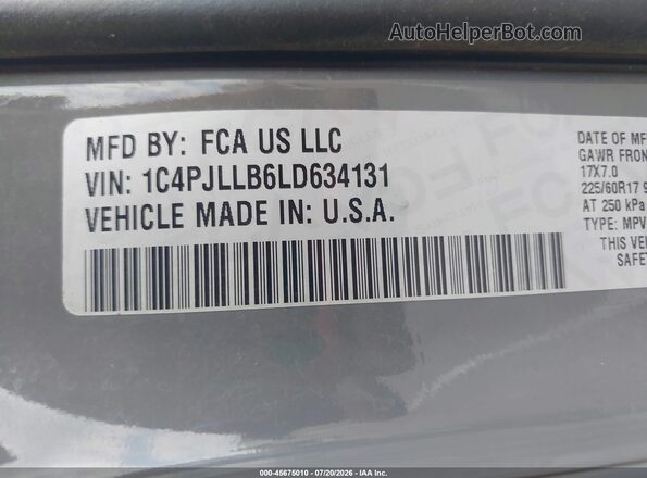 1C4PJLLB6LD634131 2020 JEEP CHEROKEE Серый Вид подкапотного пространства