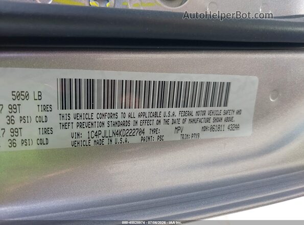 1C4PJLLN4KD222704 2019 JEEP CHEROKEE Серебряный Вид подкапотного пространства