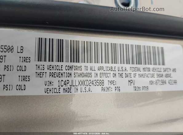 1C4PJLLXXKD243588 2019 JEEP CHEROKEE Gray Widok komory silnika