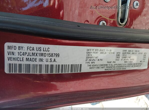 1C4PJLMX1MD158799 2021 JEEP CHEROKEE Maroon Շարժիչի բաժամունքի տեսք