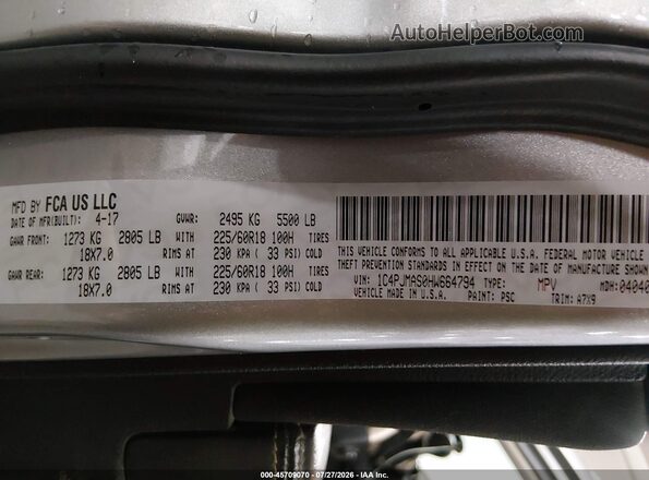 1C4PJMAS0HW664794 2017 JEEP CHEROKEE Серебряный Вид подкапотного пространства