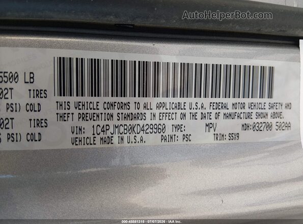 1C4PJMCB0KD429960 2019 JEEP CHEROKEE Silver Вид підкапотного простору