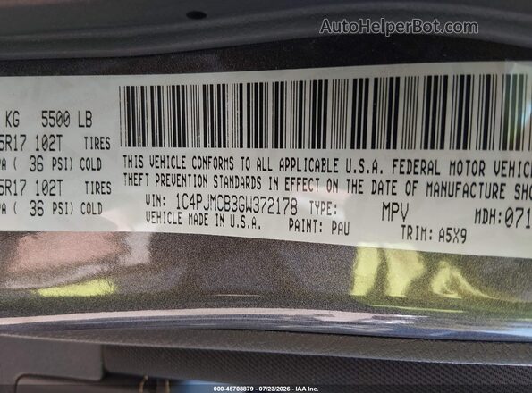 1C4PJMCB3GW372178 2016 JEEP CHEROKEE Gray Vista del compartimento del motor