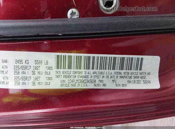 1C4PJMCB6KD343634 2019 JEEP CHEROKEE Red ძრავის განყოფილების ხედი