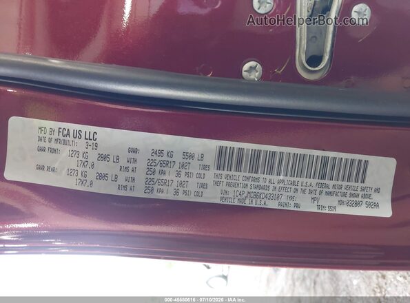 1C4PJMCB6KD433107 2019 JEEP CHEROKEE Красный Вид подкапотного пространства