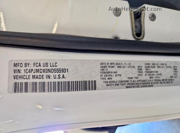 1C4PJMDX0ND555931 2022 JEEP CHEROKEE White VIN կոդի պիտակի տեսք