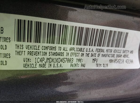 1C4PJMDX1KD457003 2019 JEEP CHEROKEE Серый Вид подкапотного пространства