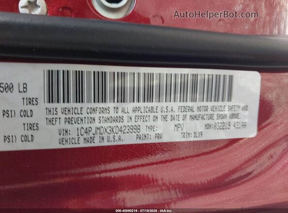 1C4PJMDX3KD423998 2019 JEEP CHEROKEE Maroon Вид підкапотного простору