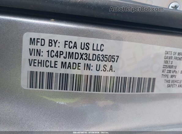 1C4PJMDX3LD635057 2020 JEEP CHEROKEE Silver Widok komory silnika
