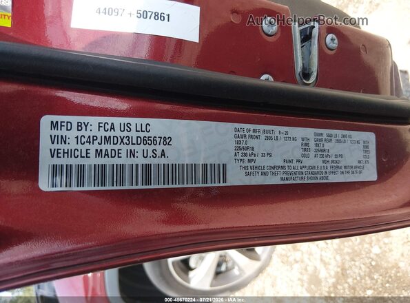 1C4PJMDX3LD656782 2020 JEEP CHEROKEE Красный Вид подкапотного пространства