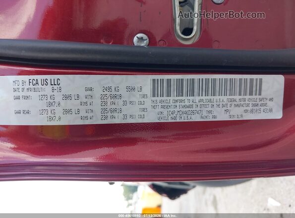 1C4PJMDX4KD267471 2019 JEEP CHEROKEE Red Vista del compartimento del motor