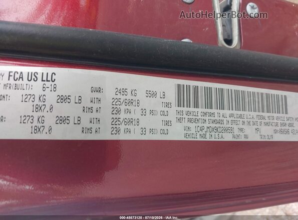 1C4PJMDX9KD200591 2019 JEEP CHEROKEE Maroon Вид підкапотного простору
