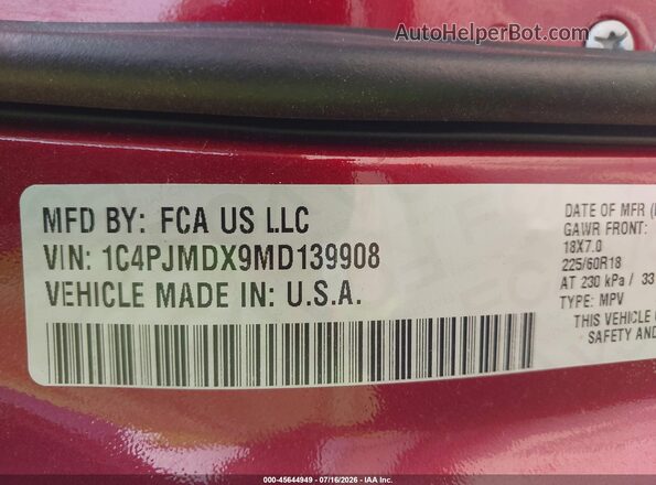1C4PJMDX9MD139908 2021 JEEP CHEROKEE Maroon ძრავის განყოფილების ხედი